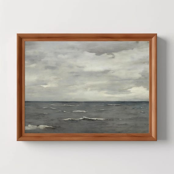 Moody Deep Sea Vintage Ocean Painting Seaside Decor Dark Water Seascape Nautical Artwork Neutral Beach