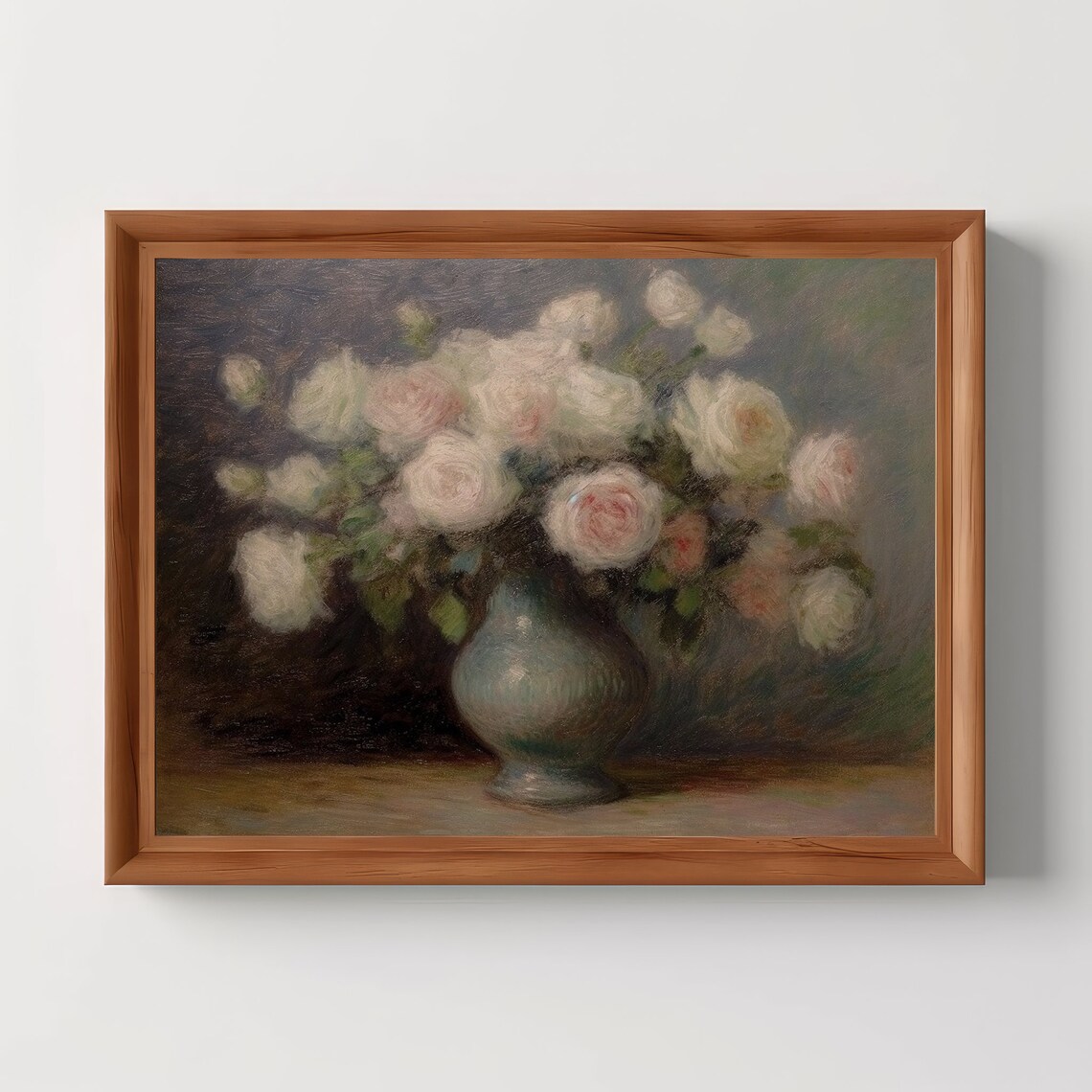 Vintage White Roses Bouquet in Blue Vase Still Life Oil Painting Print