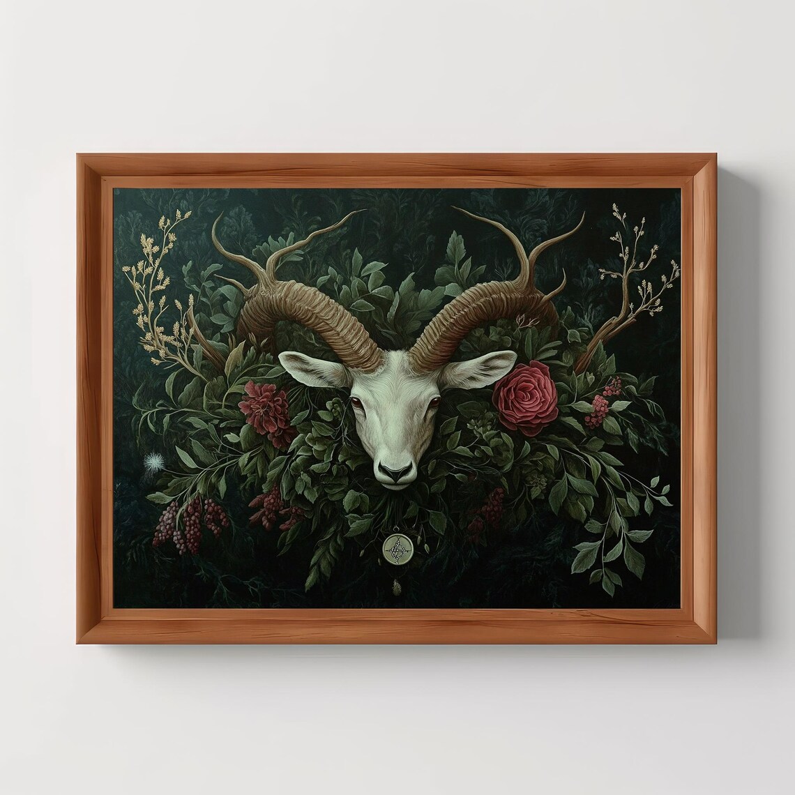 Dark Botanical Horned Stag Portrait Moody Gothic Dark Academia Art Poster