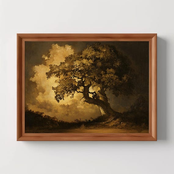 Ancient Tree Landscape Art Print Vintage Nature Wall Moody Rustic Scenery Countryside Decor