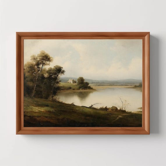 Idyllic Lakeside Setting Rural Cottage House Decor Serene Country Landscape Moody Wall Art