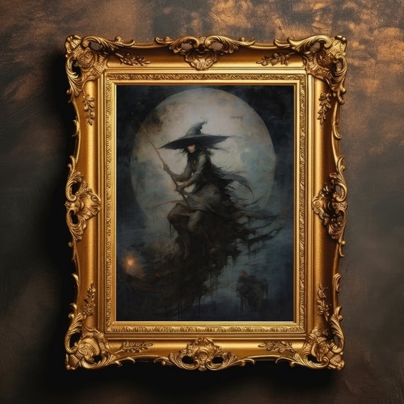 Witch Riding Broom Halloween Decor Vintage Moon Painting Gothic Home Moody Wall Art