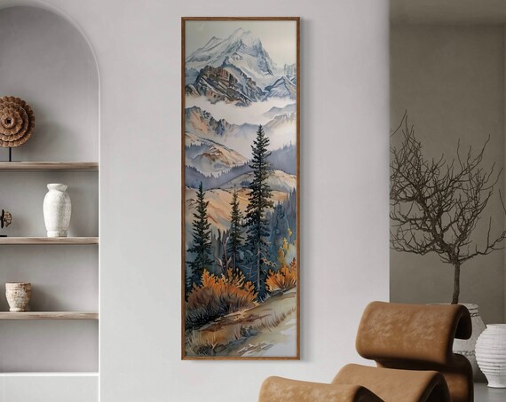 Misty Pine Forest Long Narrow Wall Art Calming Wilderness Painting Print For Atmospheric Mountain Decor