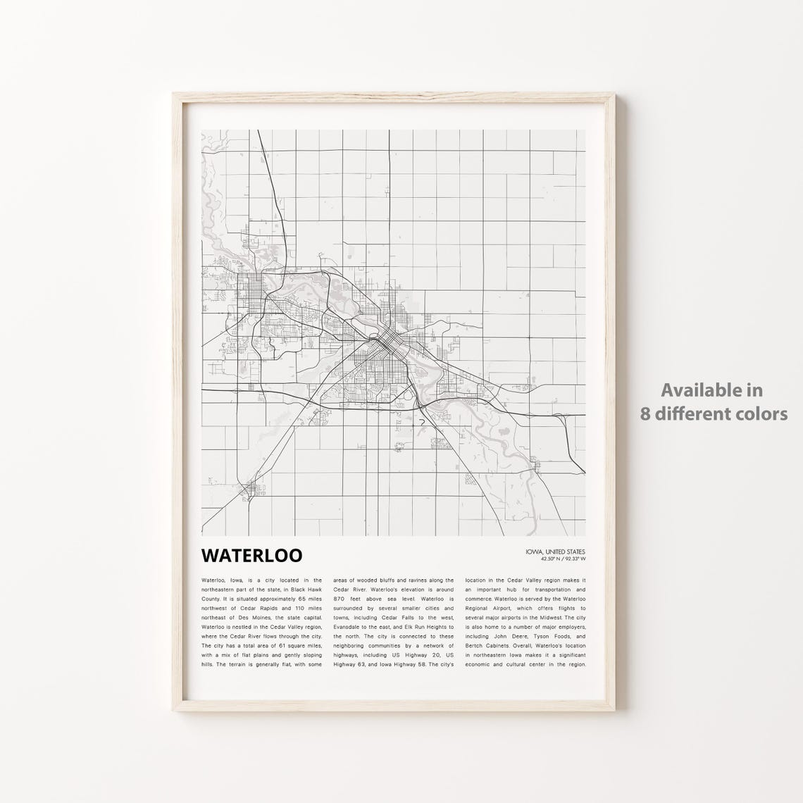 Waterloo Iowa City Street Map Minimalist Art Travel Wall Poster