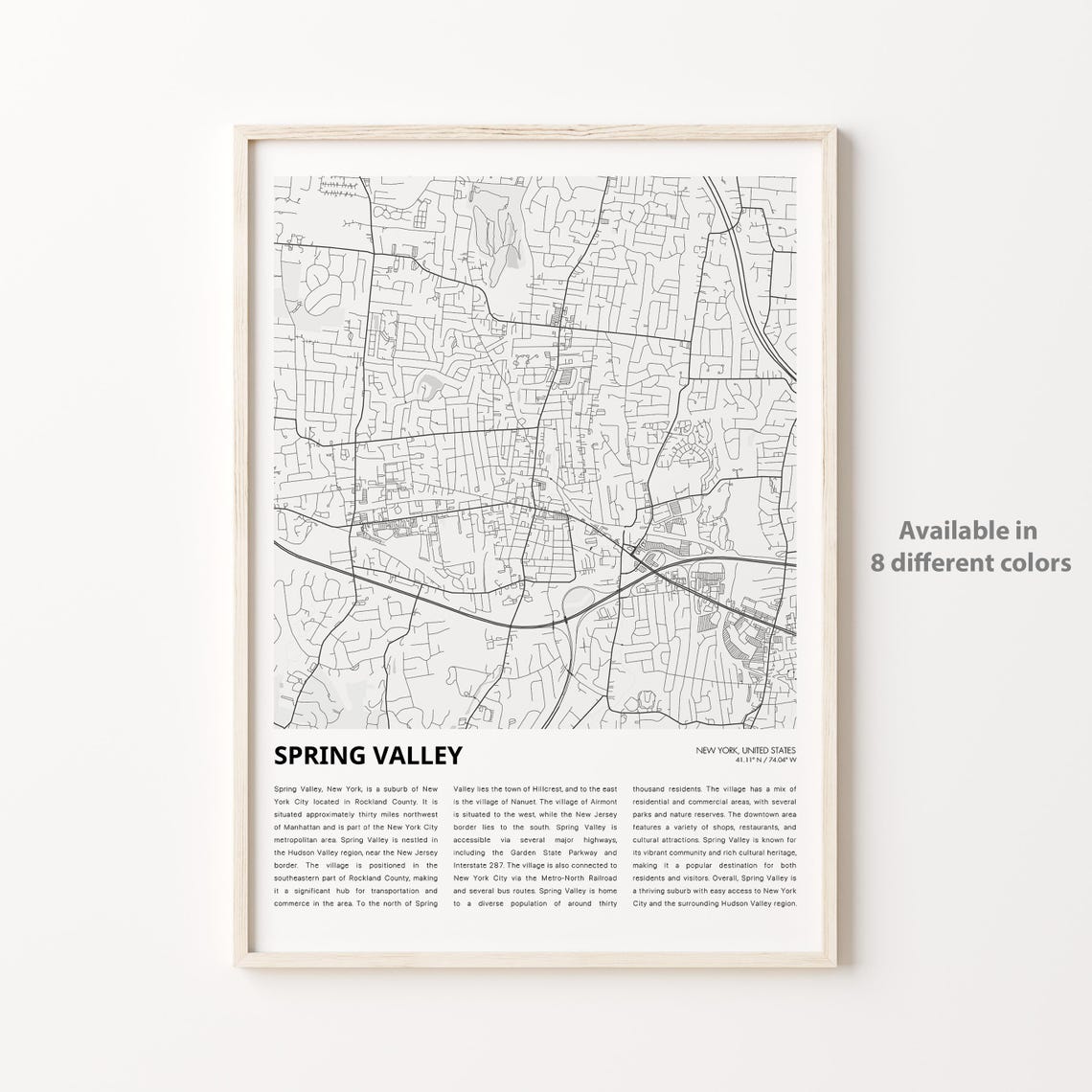 Spring Valley New York Minimalist Street Map Print Housewarming Gift