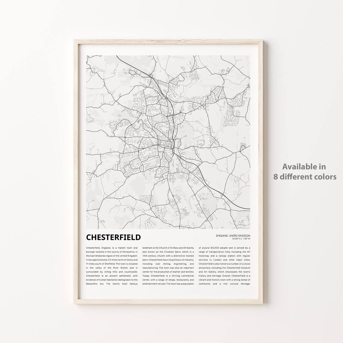Chesterfield England Minimalist Town Map Line Art Travel Poster