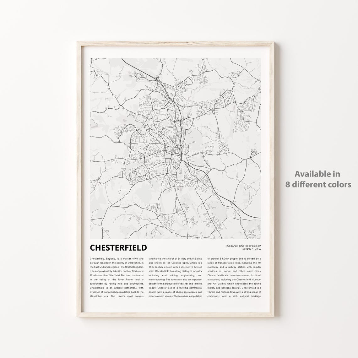 Chesterfield Map Print Travel Wall Decor Art England Housewarming Gift
