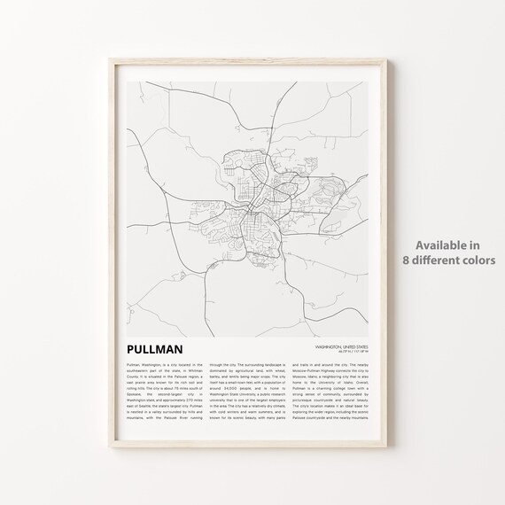 Pullman Washington College Town Map Monochrome Travel Wall Poster
