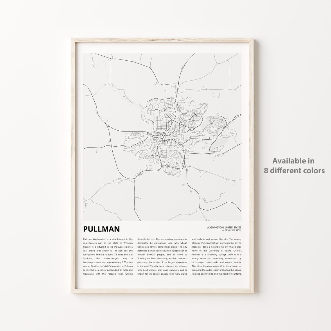 Pullman Washington College Town Map Monochrome Travel Wall Poster