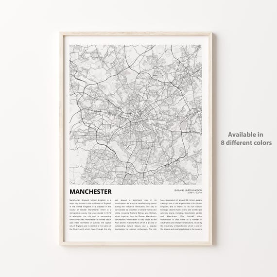 Manchester Map Print Travel Wall Decor Art England Housewarming Gift