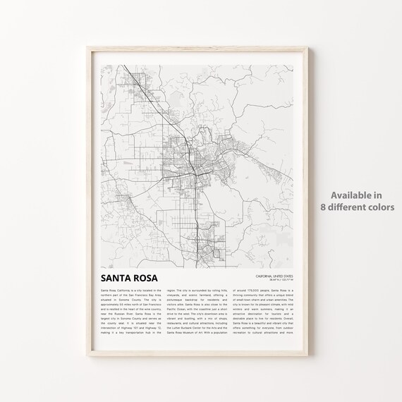 Santa Rosa California Wine Country City Street Map Travel Poster