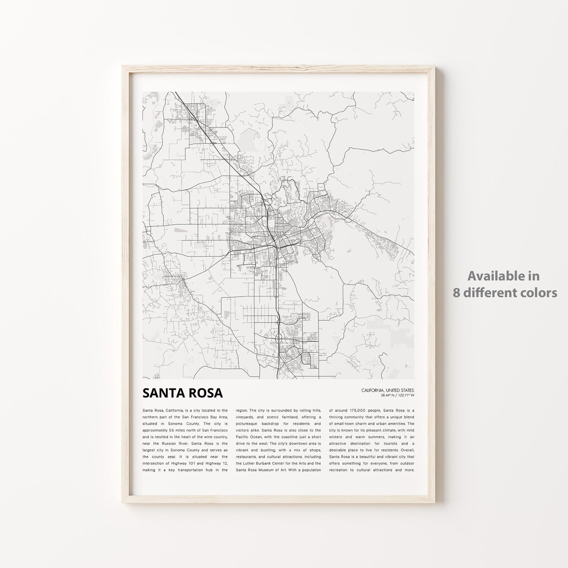 Santa Rosa California Wine Country City Street Map Travel Poster