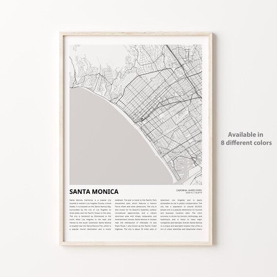 Santa Monica California Monochrome City Street Map History Print