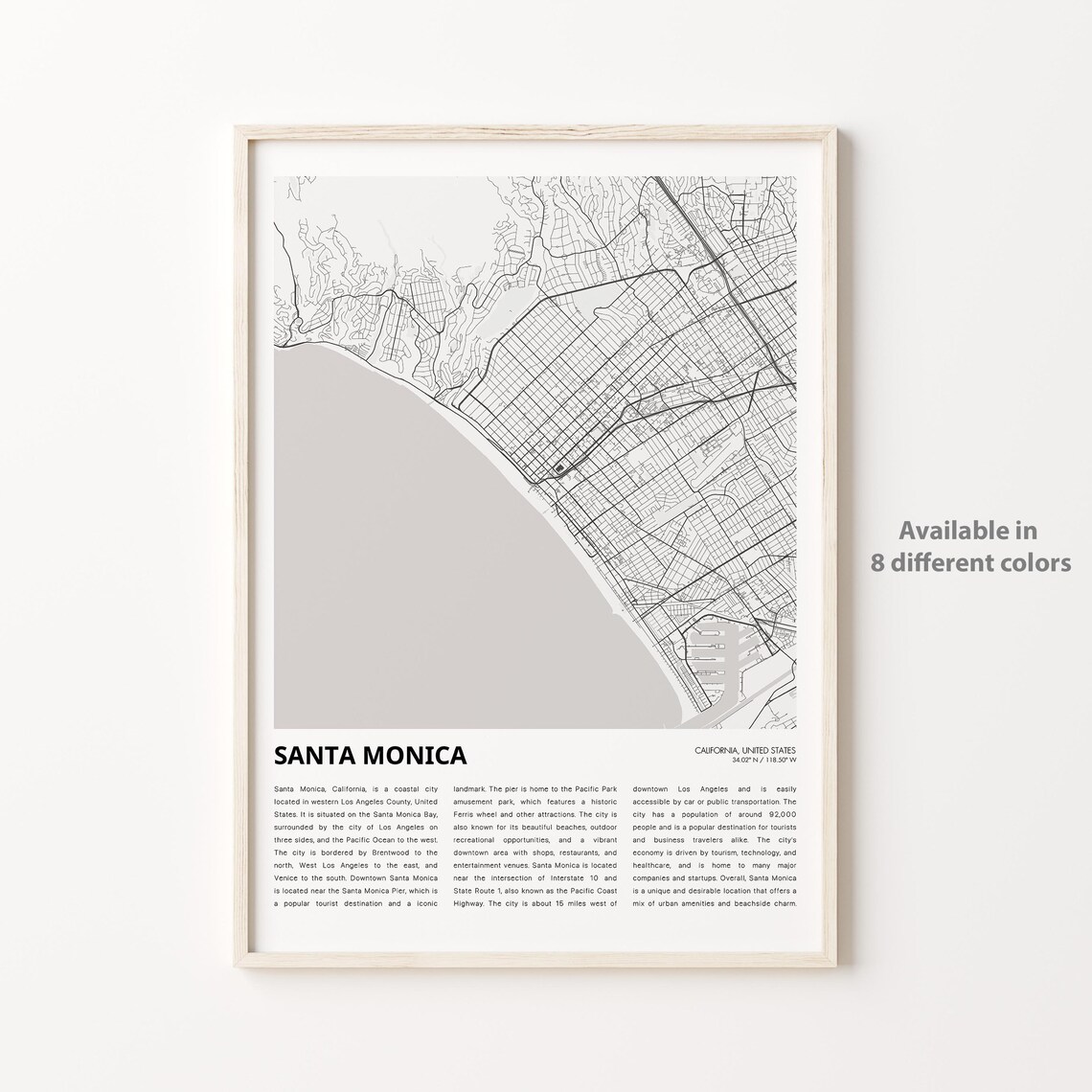 Santa Monica California Monochrome City Street Map History Print