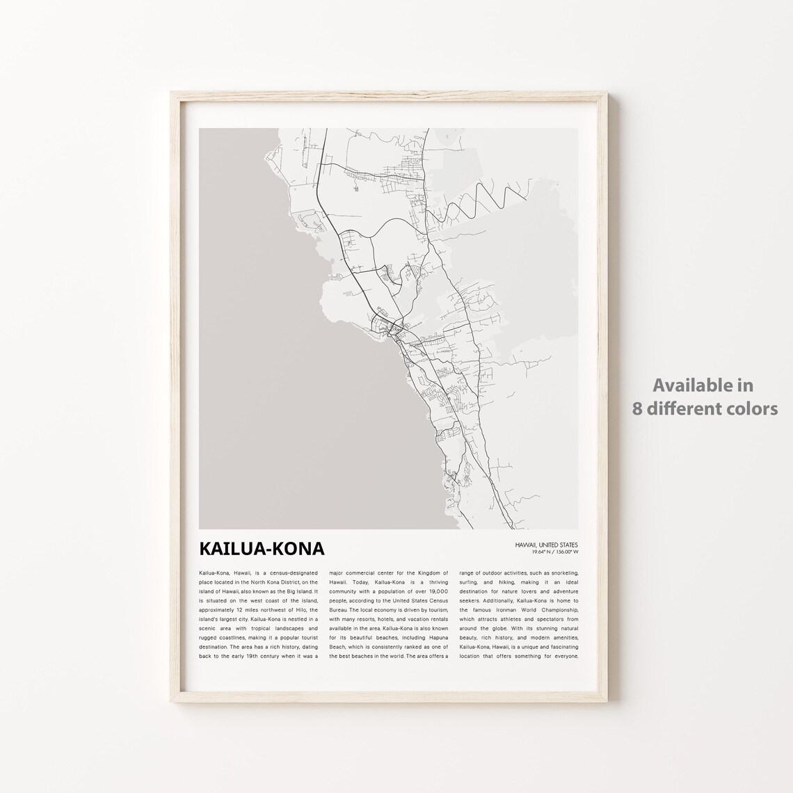 Kailua Kona Hawaii Island City Map Minimalist Coastal Travel Poster