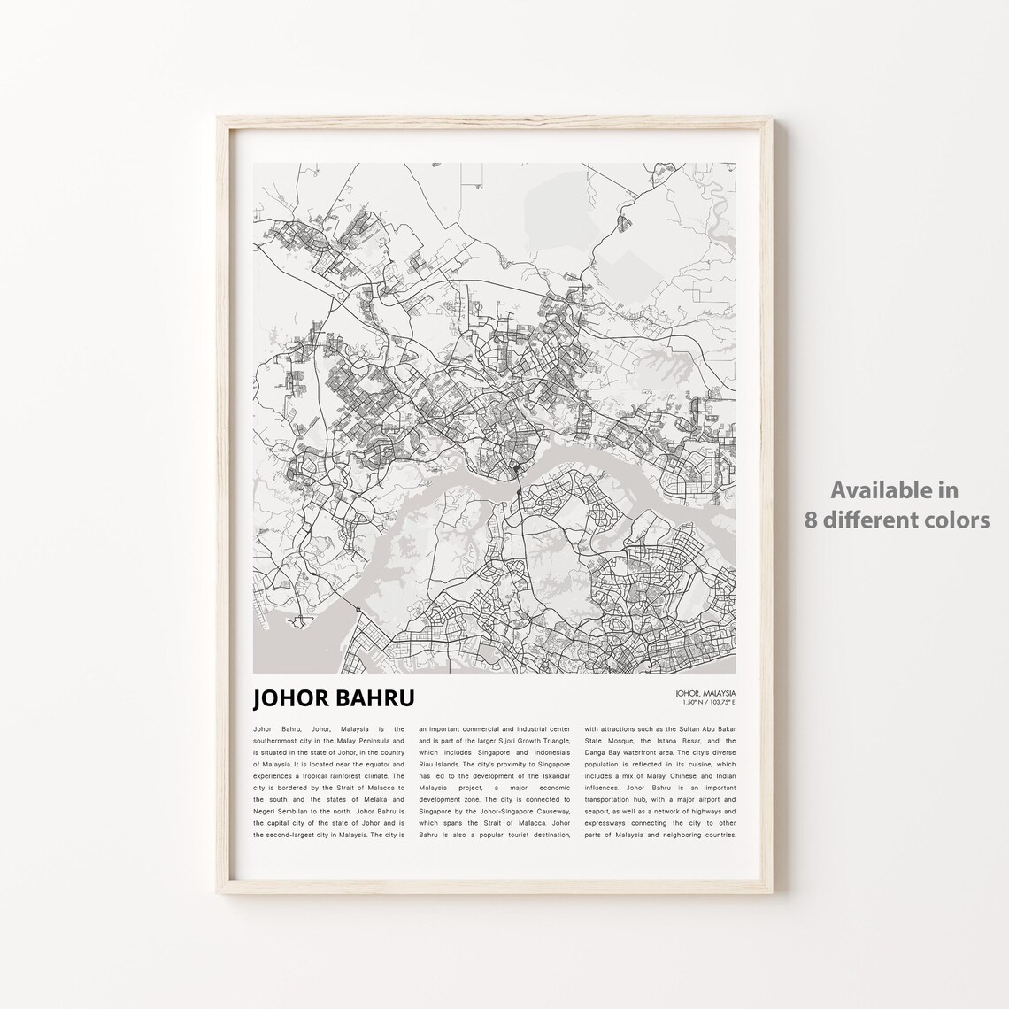 Johor Bahru Malaysia Minimalist Black and White City Map Print