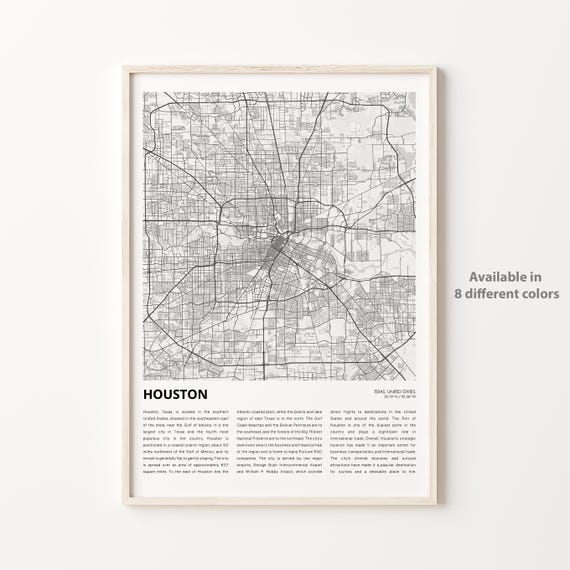 Houston Map Print Travel Wall Decor Art Texas Housewarming Gift