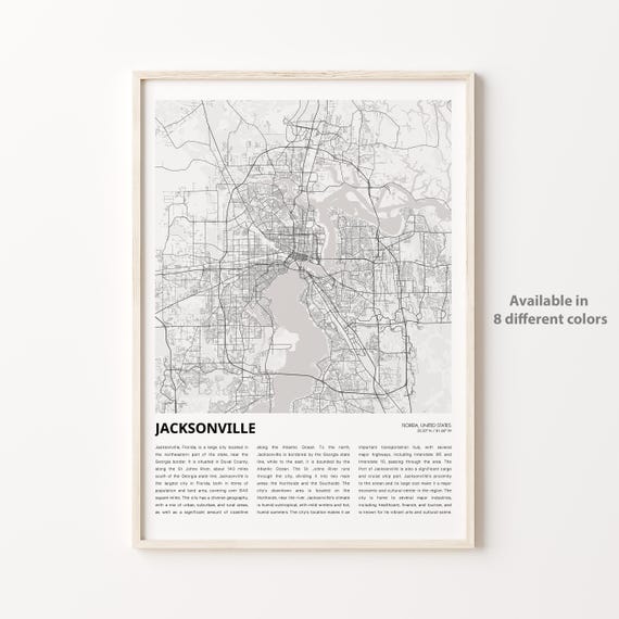 Jacksonville Map Print Travel Wall Decor Art Florida Housewarming Gift