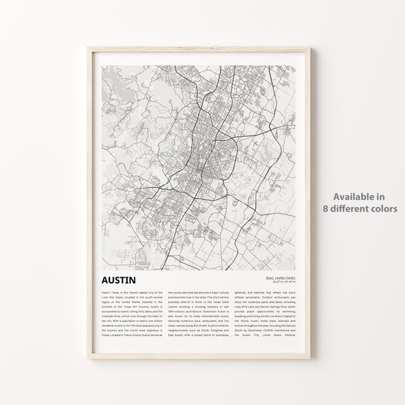 Austin Texas Minimalist City Street Map Line Art Gift Wall Print