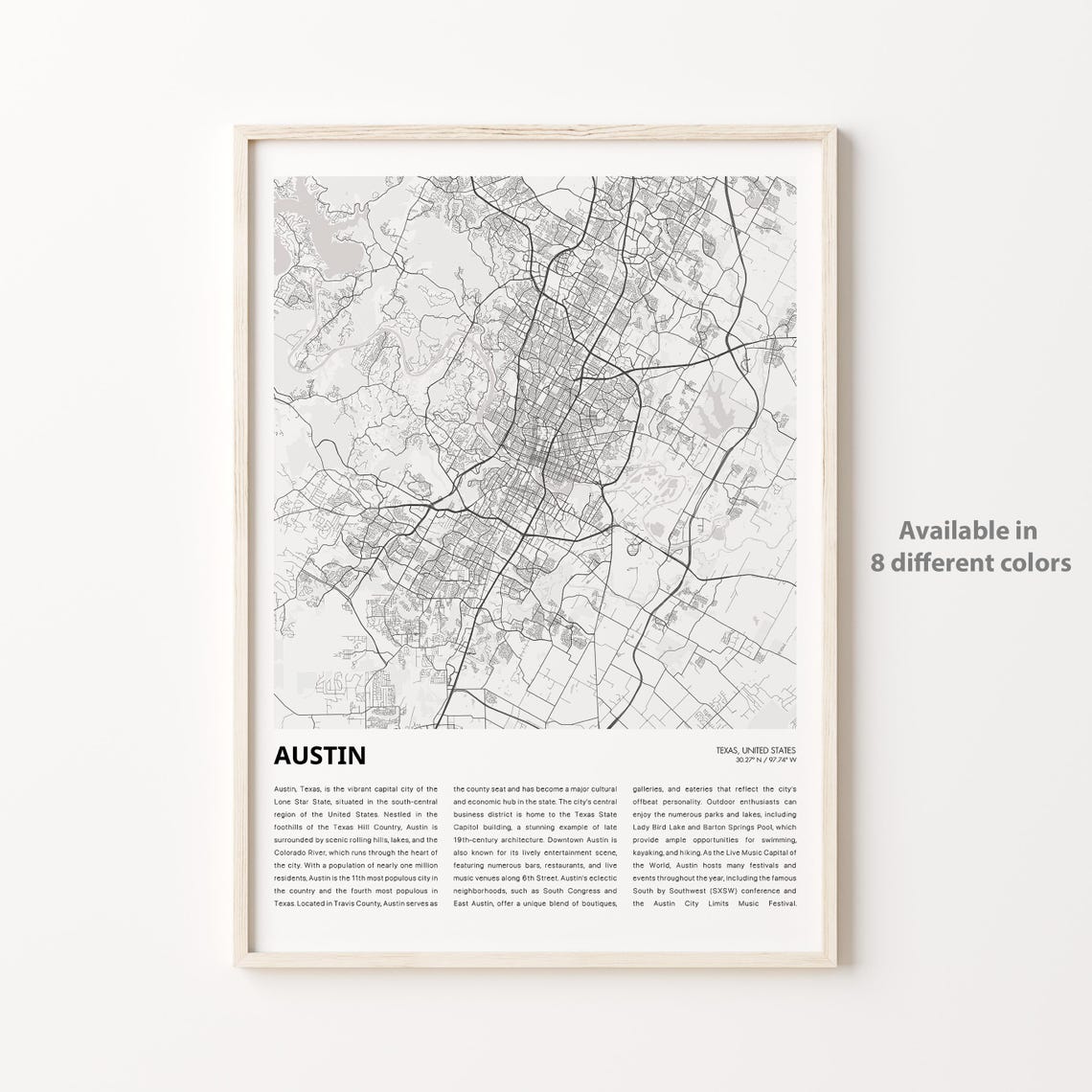 Austin Texas Minimalist City Street Map Line Art Gift Wall Print