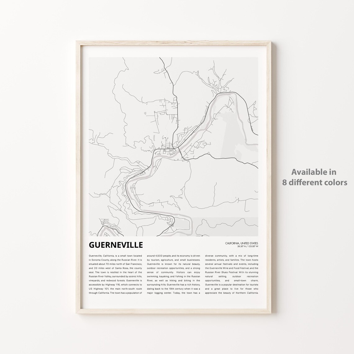 Guerneville California Town Street Map Minimalist Travel Poster