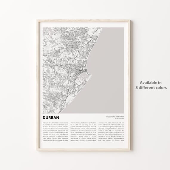 Durban Map Print Travel Wall Decor Art Kwazulunatal Housewarming Gift