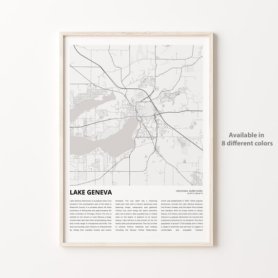 Lake Geneva Wisconsin Minimalist Black and White Map Wall Art