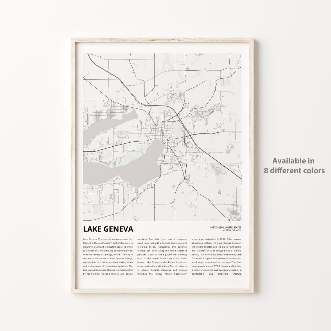 Lake Geneva Wisconsin Minimalist Black and White Map Wall Art