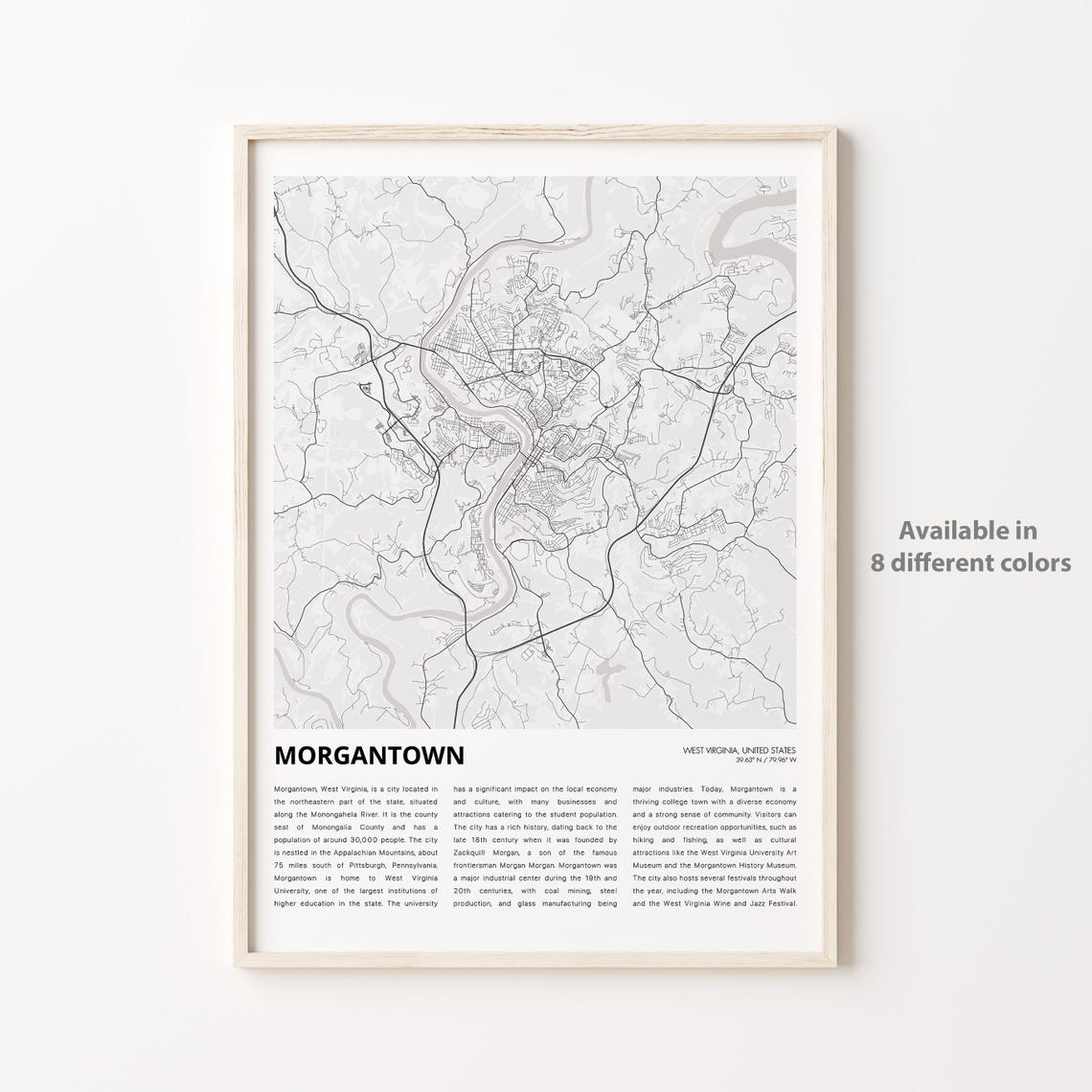 Morgantown Map Print Travel Wall Decor Art West Virginia Housewarming Gift