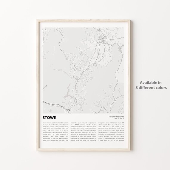 Stowe Vermont Mountain Town Map Monochrome Travel Wall Poster