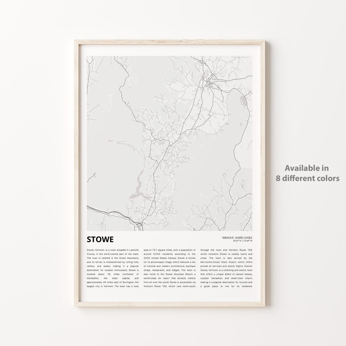Stowe Vermont Mountain Town Map Monochrome Travel Wall Poster