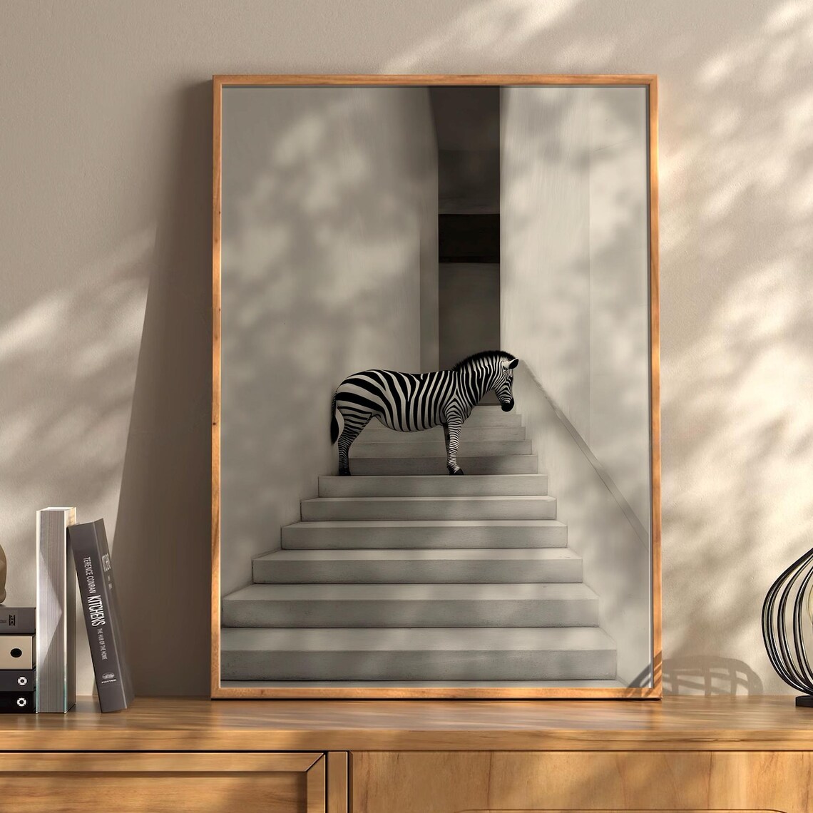 Zebra On Stairs Surreal Black White Minimalist Photo Art Poster