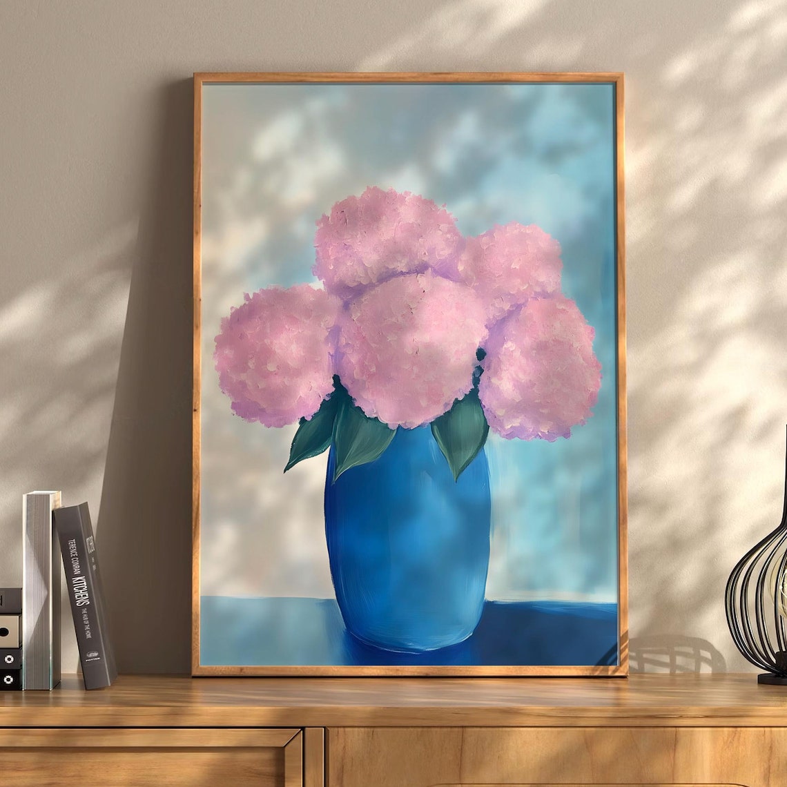 Pink Hydrangeas In Blue Vase Floral Still Life Painting Poster