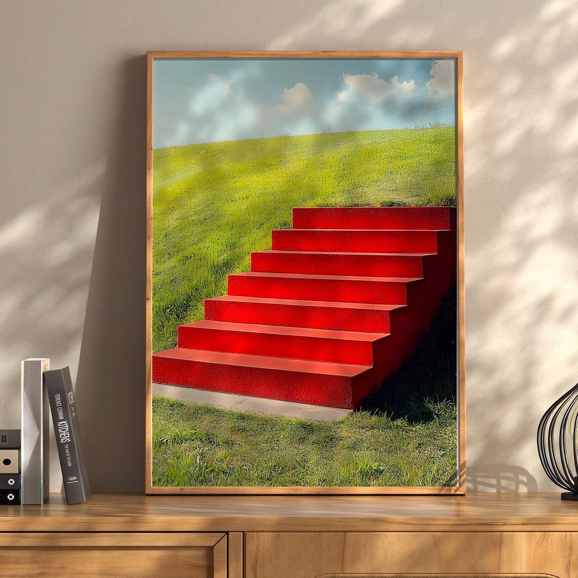 Surreal Bold Red Stairs On Green Grass Hill Blue Sky Art Poster