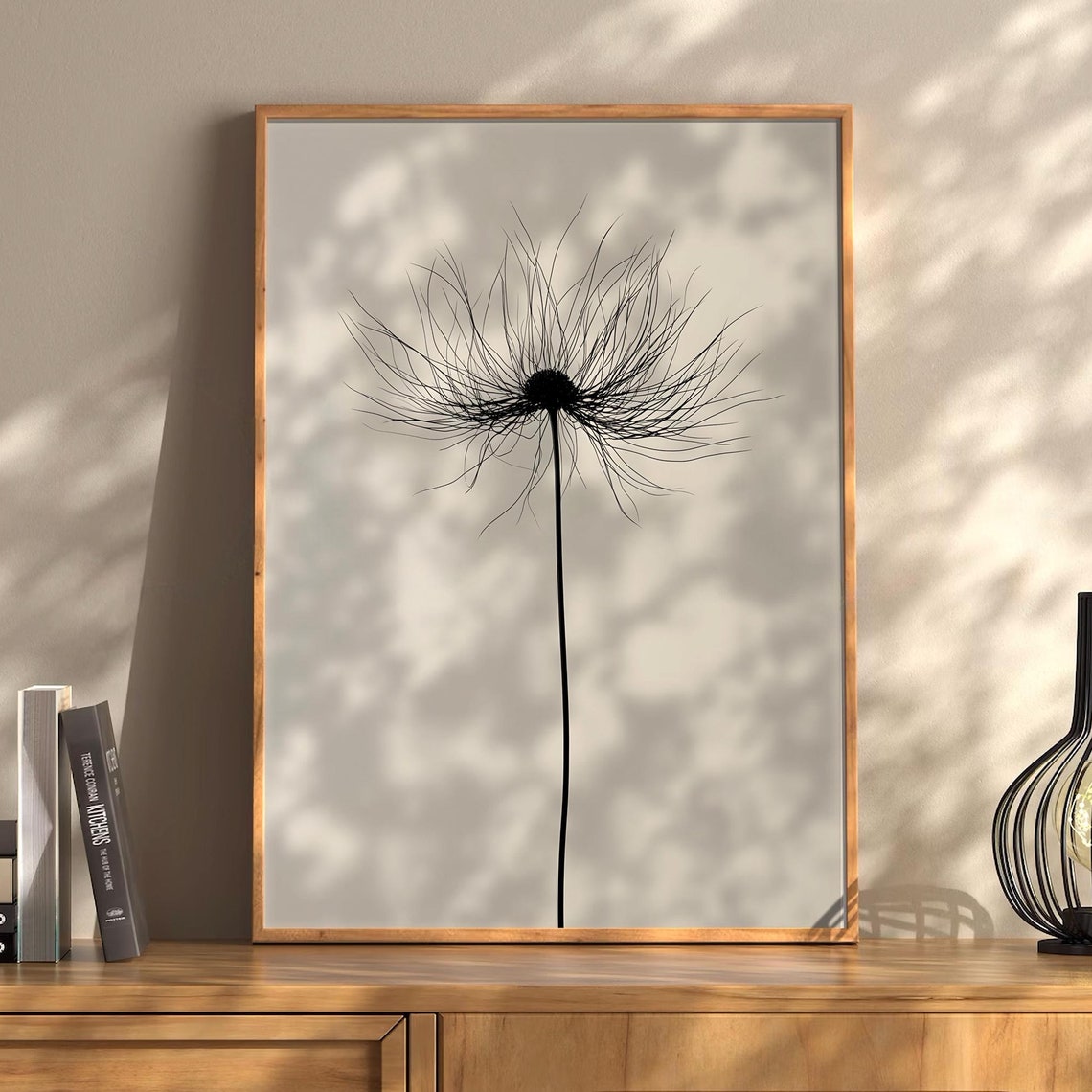 Black Ink Dandelion Flower Minimalist Beige Botanical Poster