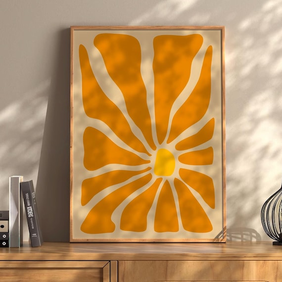 Bold Orange Flower Yellow Center Retro Abstract Botanical Wall Art