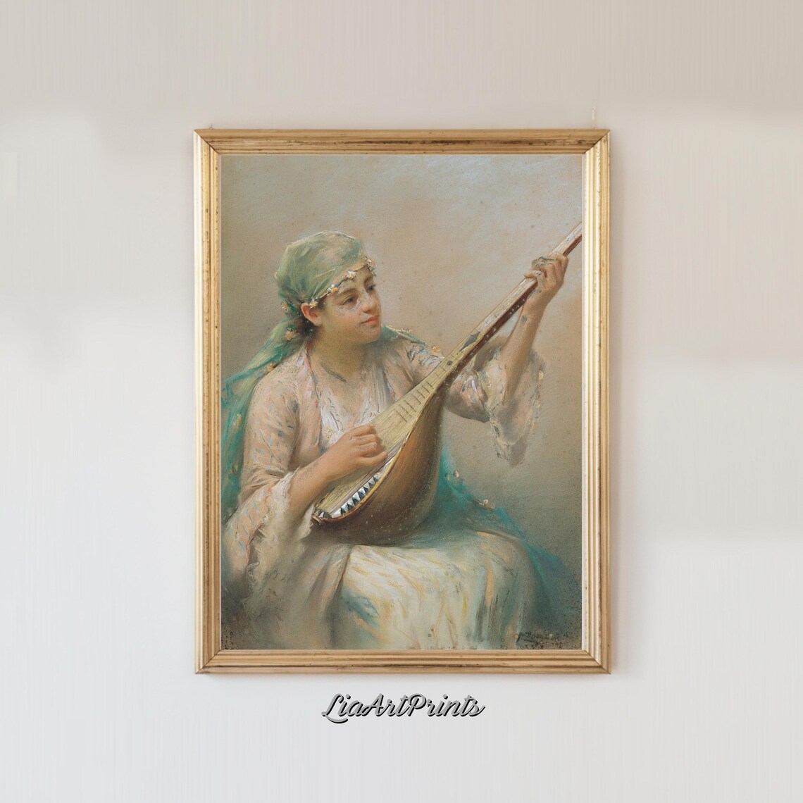 Vintage Pastel Portrait Woman Playing Mandolin Romantic Music Poster - Image 4
