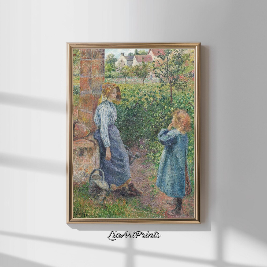 Woman with Child in a Sunny Walled Garden Pointillist Vintage Poster