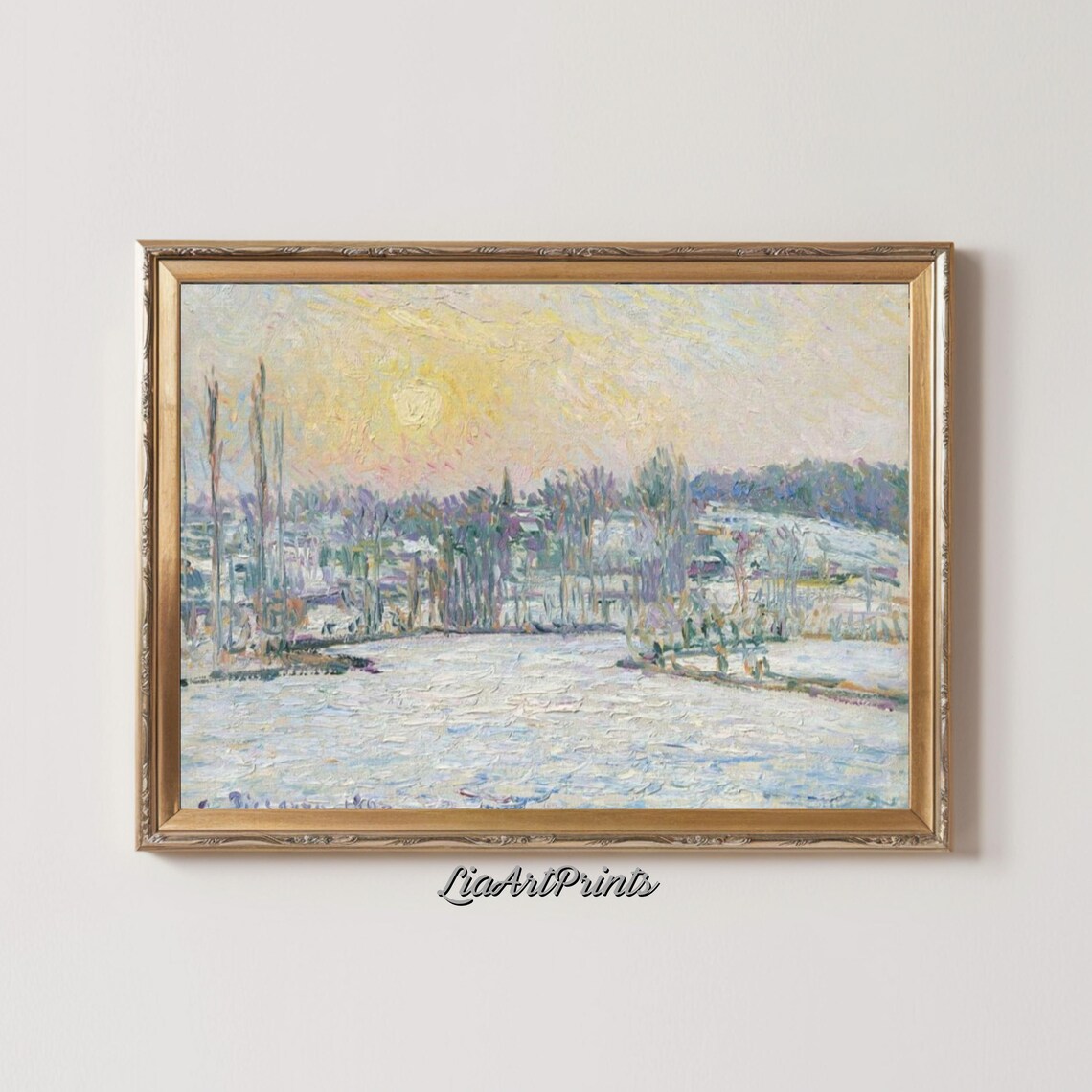 Winter Sunrise Frozen Pond Frosty Trees Impressionist Snow Landscape Poster - Image 3