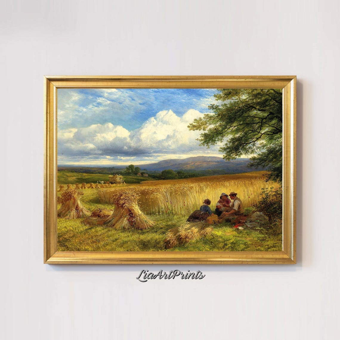 Golden Harvest Field Wheat Sheaves Resting Workers Rural Scene Poster - Image 2