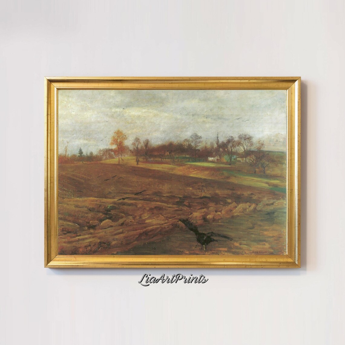 Autumn Plowed Field Birds Antique Muted Countryside Landscape Poster - Image 2