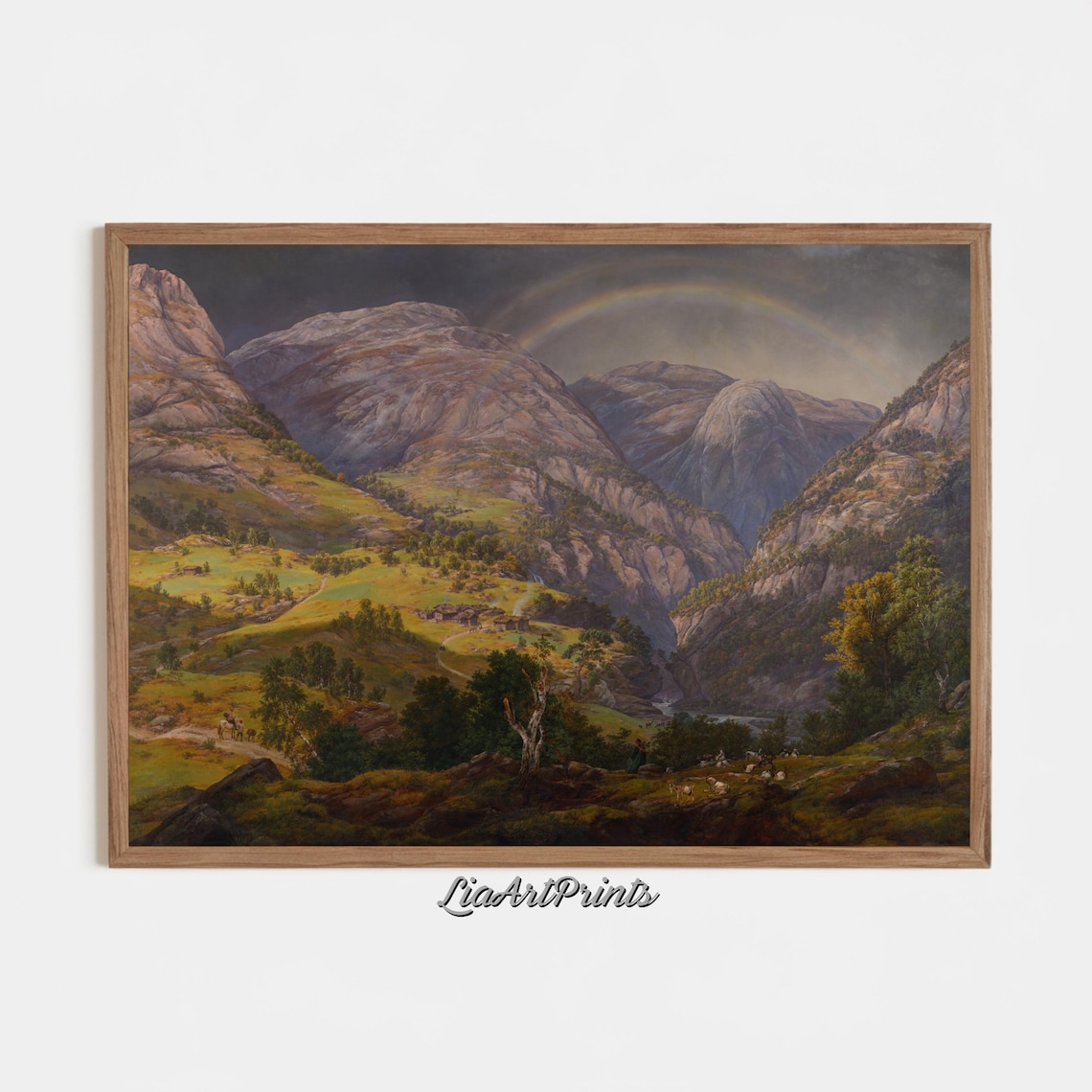Rainbow Over Mountain Valley Sunlit Hills Green Pastures Nature Poster - Image 2