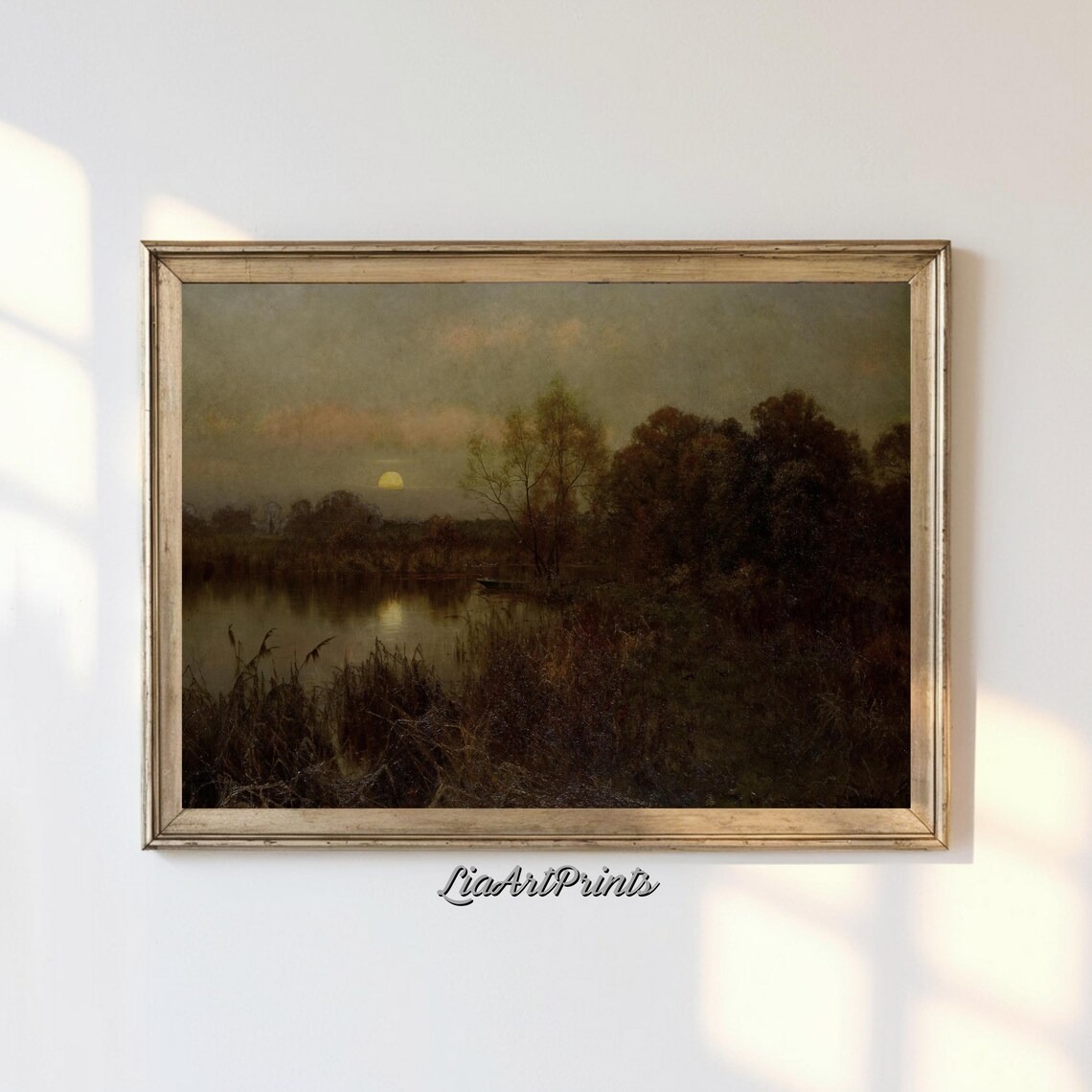 Golden Moon Over a Still Lake at Dusk Dark Moody Landscape Poster