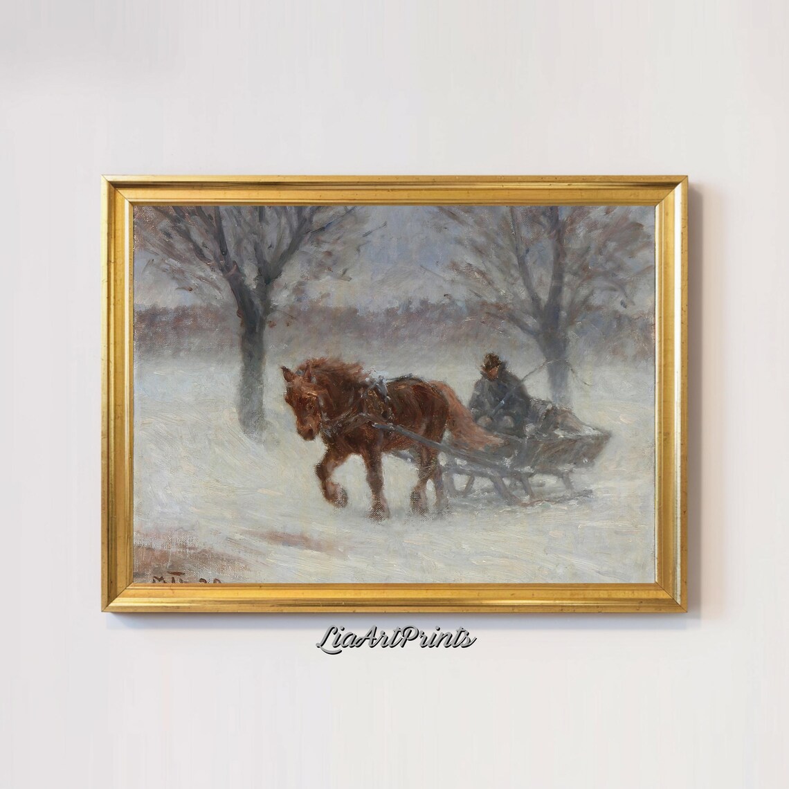Horse Drawn Sleigh Ride Through Snow Vintage Winter Oil Painting Poster - Image 2