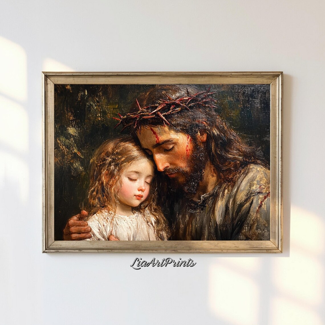 Jesus with Crown of Thorns Embracing Child Religious Oil Painting Poster