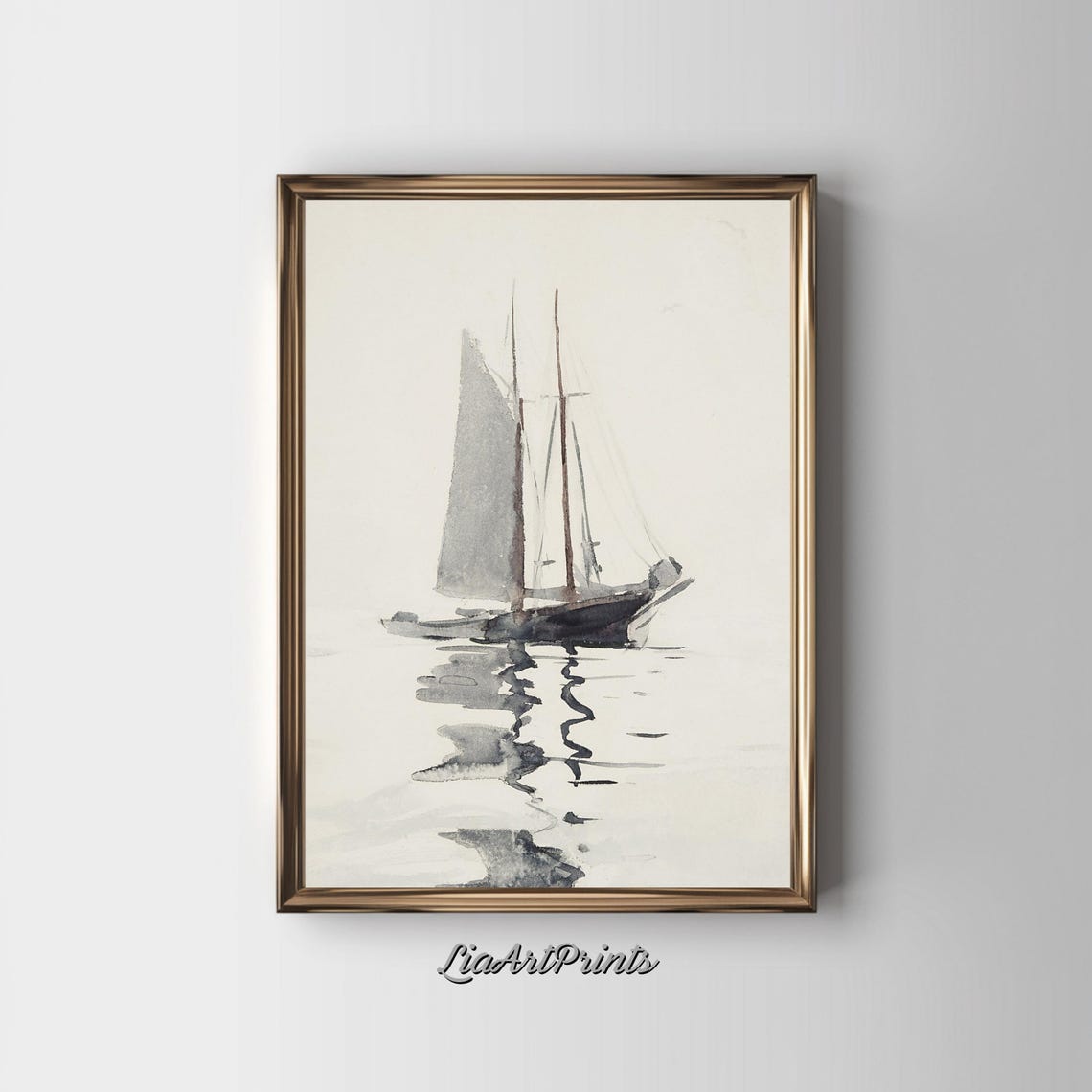 Minimalist Watercolor Sailboat on Calm Water with Reflection Poster - Image 2