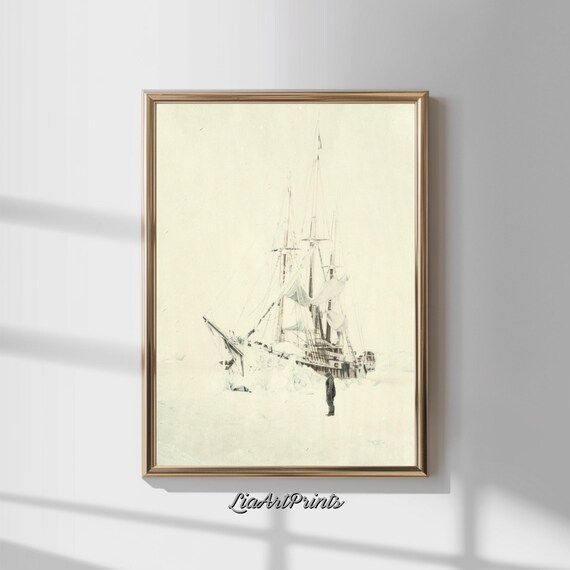 Tall Ship in Snow and Fog with Lone Figure Vintage Ink Sketch Poster