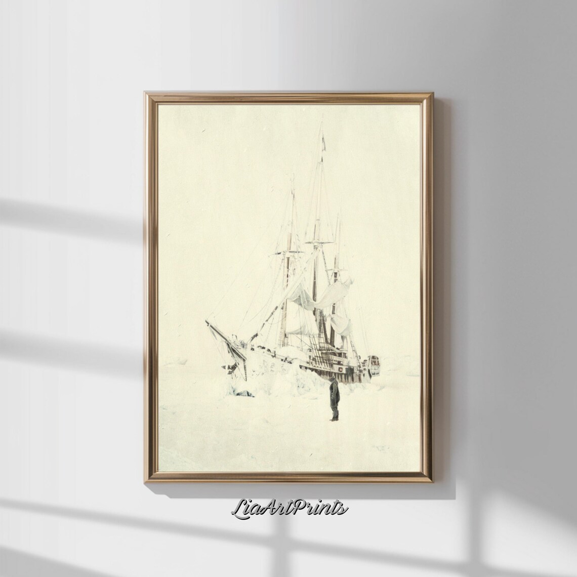 Tall Ship in Snow and Fog with Lone Figure Vintage Ink Sketch Poster