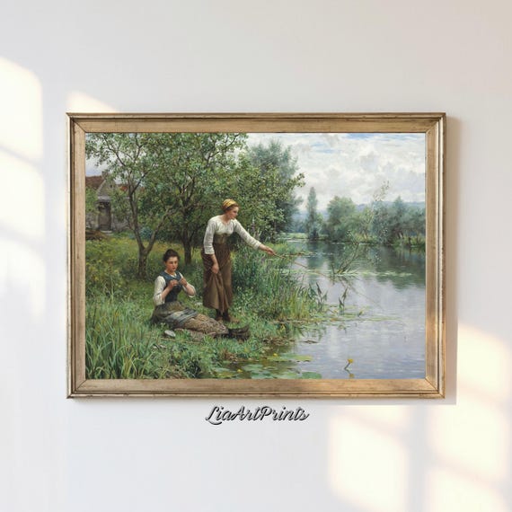 Riverside Fishing Scene, Vintage Countryside Decor