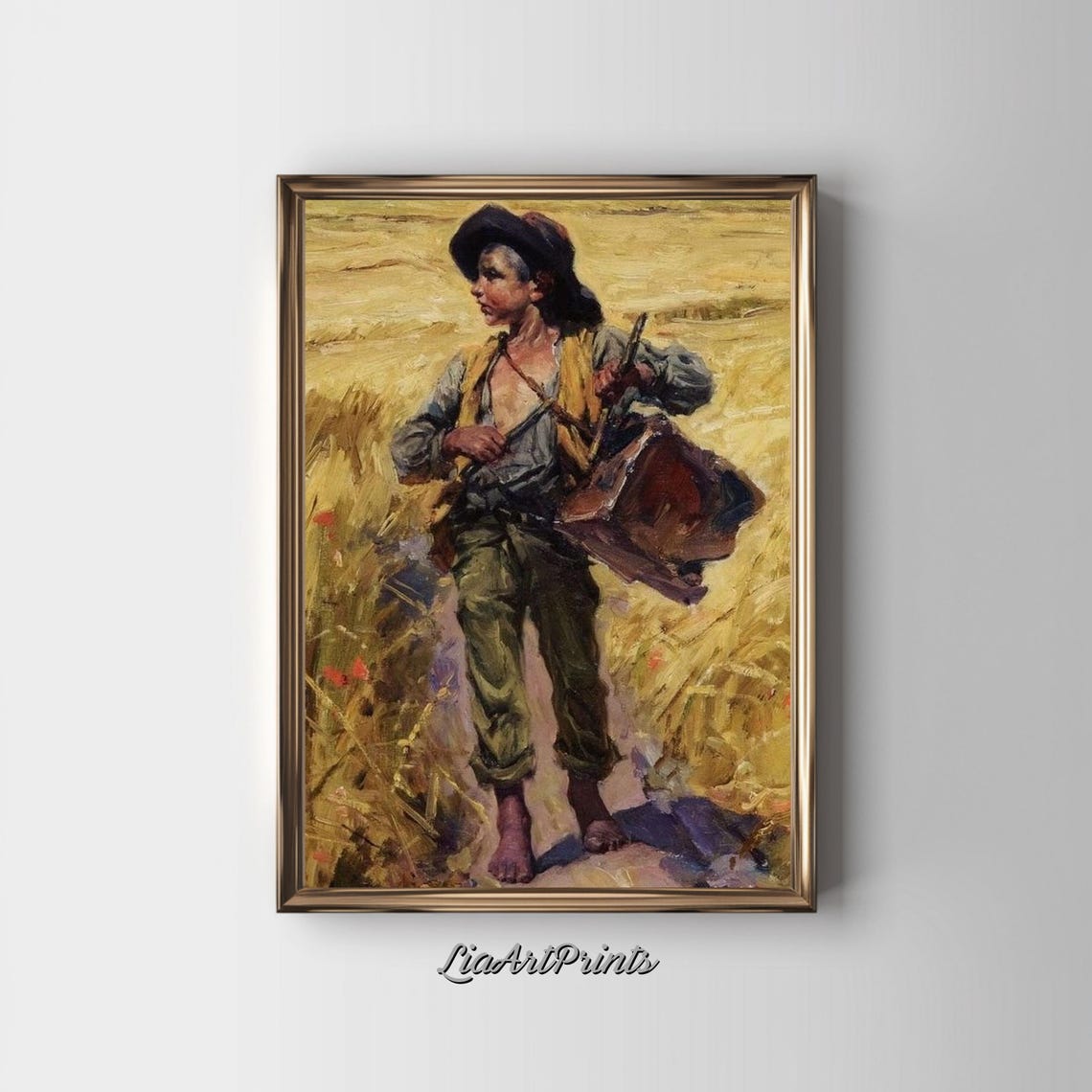 Rustic Farm Boy Carrying a Basket Through a Wheat Field Vintage Print - Image 4